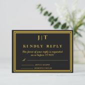 Carte de réponse de mariage Luxe Noir & Or Monogra (Debout devant)