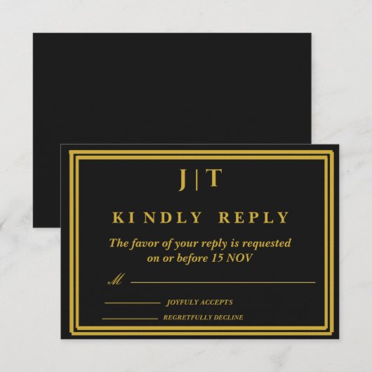 Carte de réponse de mariage Luxe Noir & Or Monogra (Devant / Derrière)
