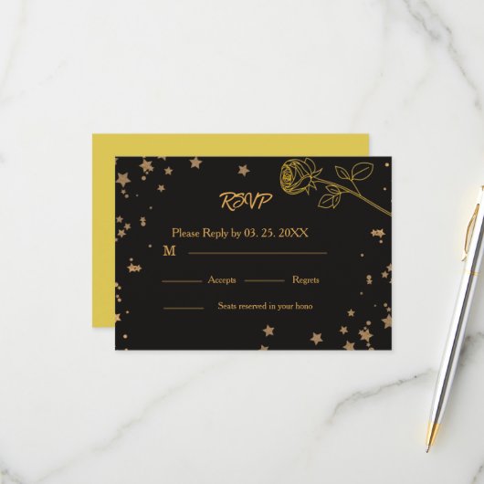 Carte de réponse de mariage luxe or (Devant/Arrière en situation)