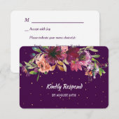 Carte de réponse de mariage Menu Floral Or Violet (Devant / Derrière)