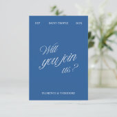 Carte de réponse de mariage moderne bleu et blanc (Debout devant)