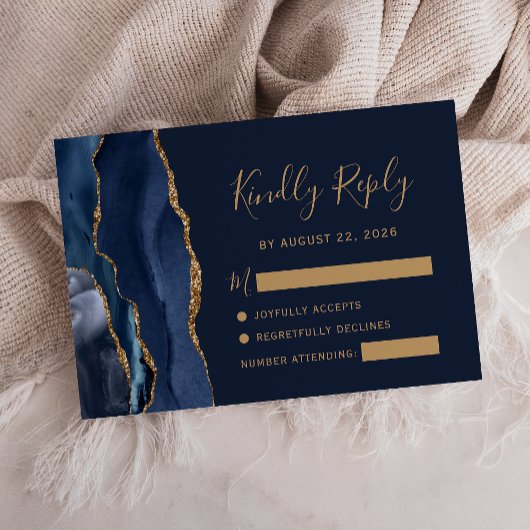 Carte de réponse de mariage moderne bleu navy or a