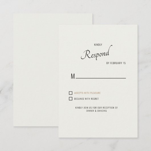 Carte de réponse de mariage moderne crème texte no (Devant / Derrière)