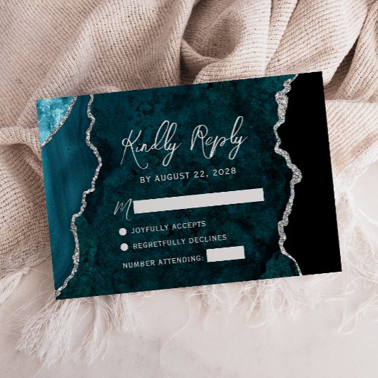 Carte de réponse de mariage moderne en agate bleu
