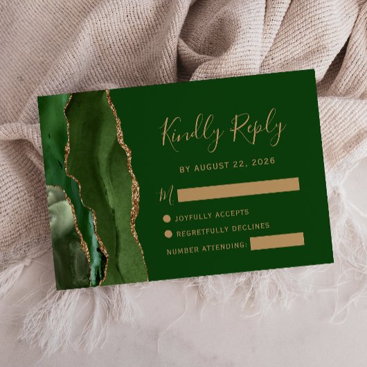 Carte de réponse de mariage moderne en agate verte