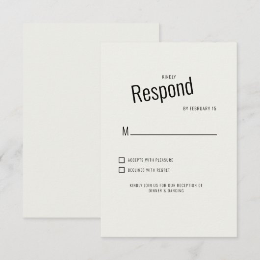 Carte de réponse de mariage moderne noire à texte  (Devant / Derrière)