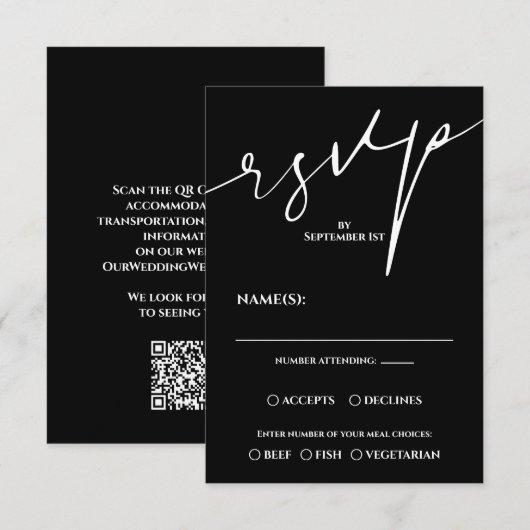 Carte de réponse de mariage moderne QR Code noir e (Devant / Derrière)
