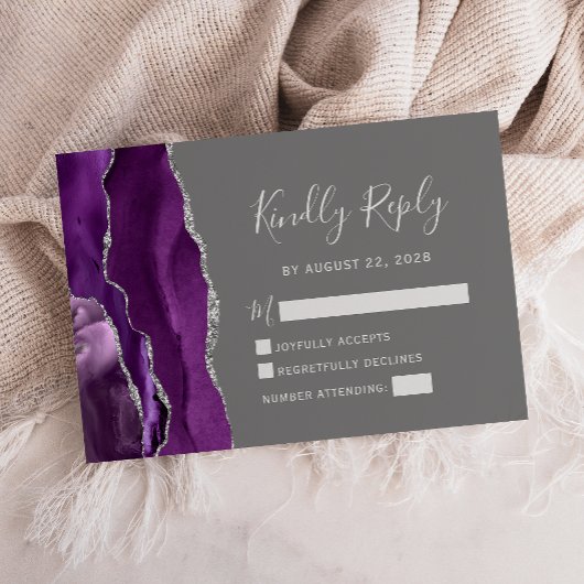 Carte de réponse de mariage moderne violet argent