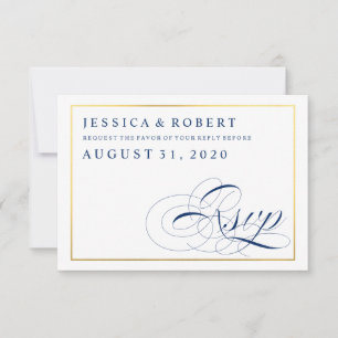 Carte de réponse de mariage Navy & Blanc avec Faux