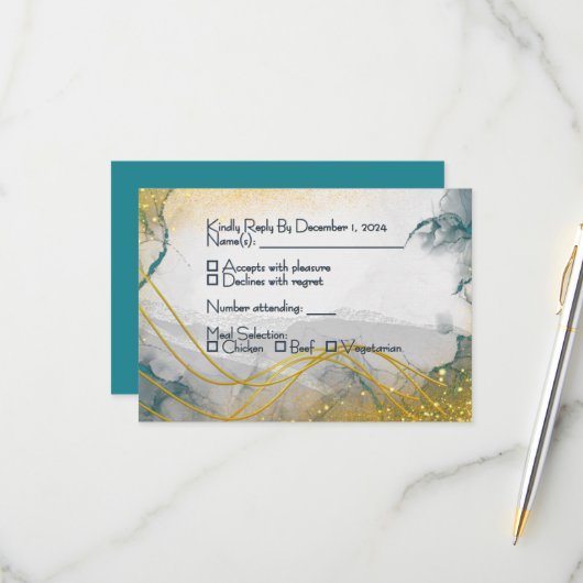Carte de réponse de mariage Navy Silver Gold (Devant/Arrière en situation)
