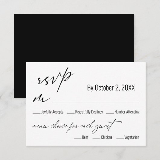 Carte de réponse de mariage noir à choix de menu s (Devant / Derrière)