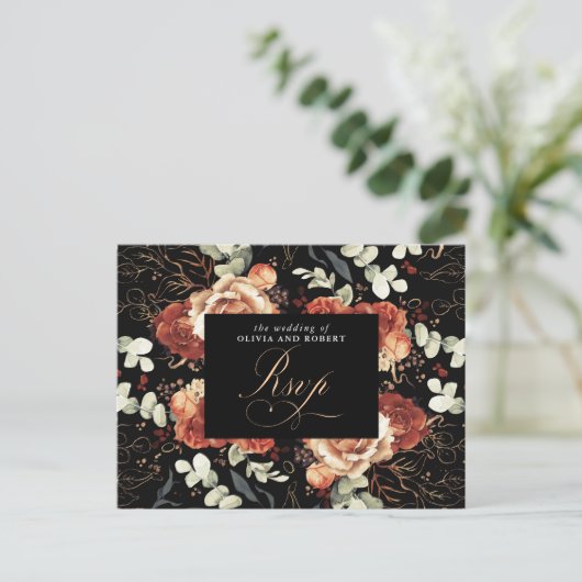 Carte de réponse de mariage noir Fleurs en terre c (Debout devant)