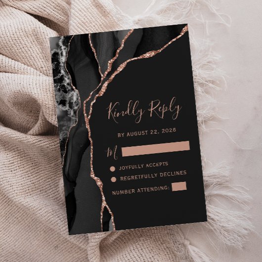 Carte de réponse de mariage noir rose or agate