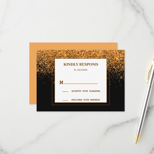 Carte de réponse de mariage Paillettes dorées (Devant/Arrière en situation)