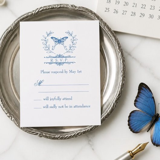 Carte de réponse de mariage Papillon Bleu RSVP