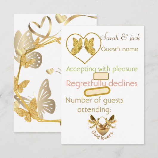 Carte de réponse de mariage Papillon doré élégant (Devant / Derrière)