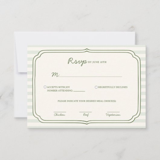 Carte de réponse de mariage rayée vert sauge (Devant)