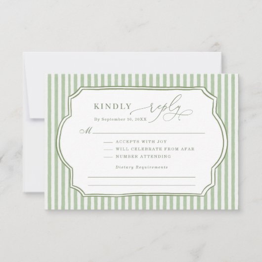 Carte de réponse de mariage rayée vert sauge vinta (Devant)