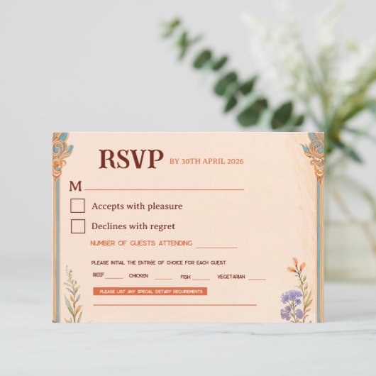 Carte de réponse de mariage rétro chic (Debout devant)