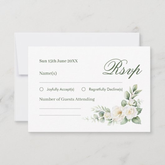 Carte de réponse de mariage Rose Blanche Élégante (Devant)