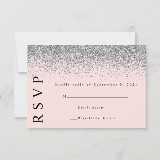Carte de réponse de mariage rose et argenté (Devant)
