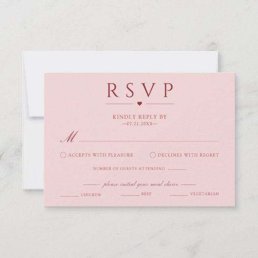 Carte de réponse de mariage rose fardé avec choix (Devant)