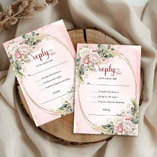 Carte de réponse de mariage rose pastel or stylée