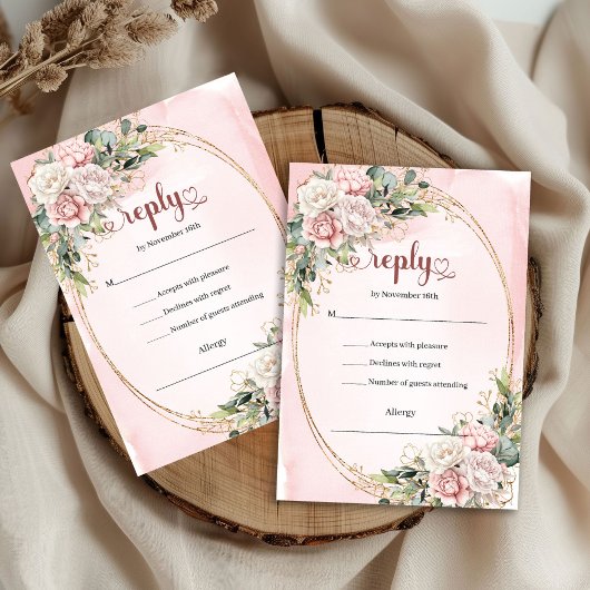 Carte de réponse de mariage rose pastel or stylée