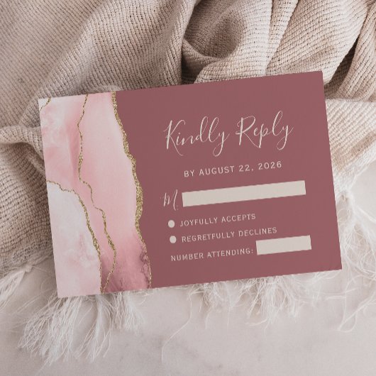 Carte de réponse de mariage Rose Poudrée Or Agate