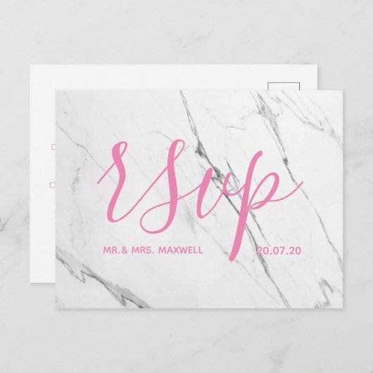 Carte de réponse de mariage | Rose Script Marbre B (Devant / Derrière)