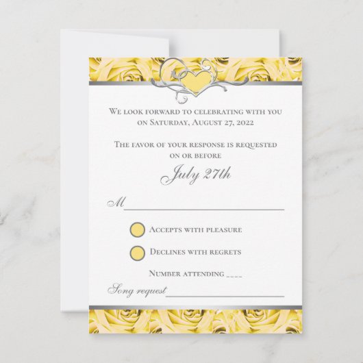Carte de réponse de mariage Roses Grises et Jaunes (Dos)