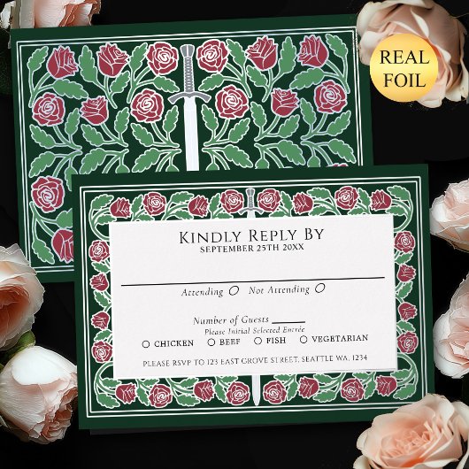 Carte de réponse de mariage royal avec épée floral
