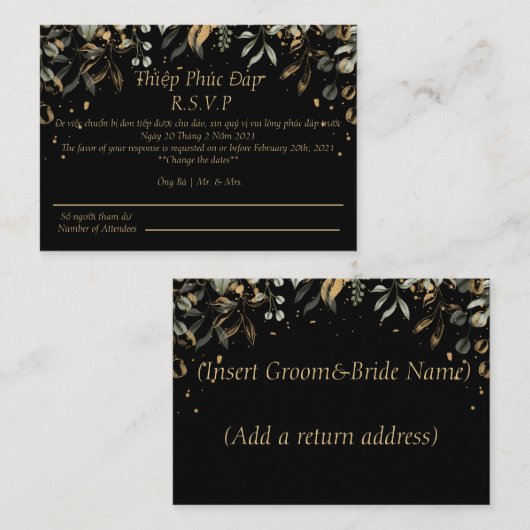 Carte de réponse de mariage RSVP noir/or RSVP en a (Devant / Derrière)