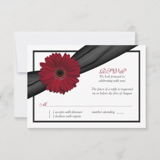 Carte de réponse de mariage Ruban noir Daisy Rouge (Devant)