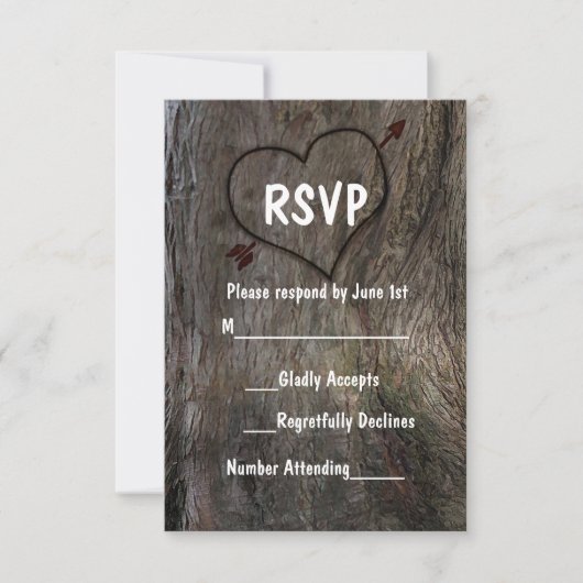 Carte de réponse de mariage rustique Arbre + Cœur (Devant)