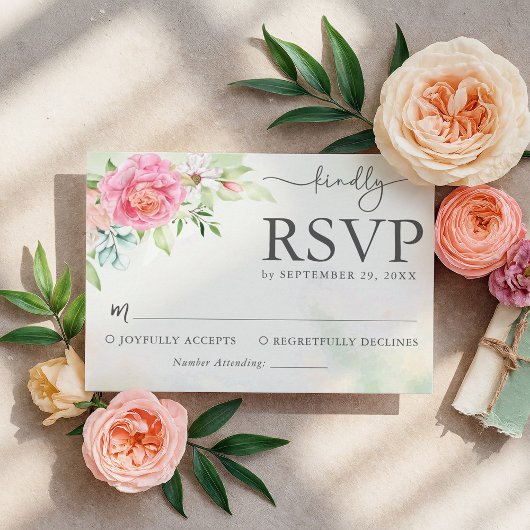 Carte de réponse de mariage rustique rose pâle élé
