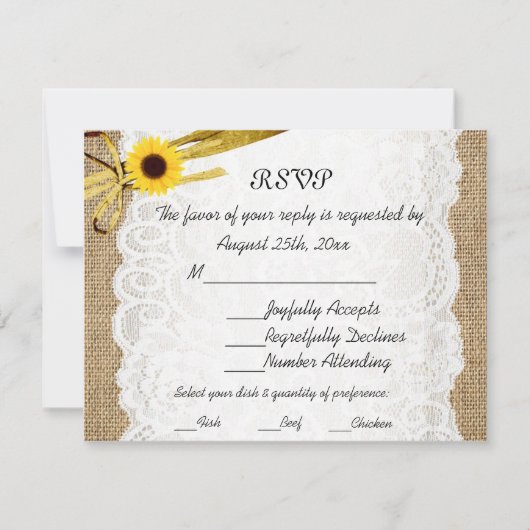 Carte de réponse de mariage rustique toile de jute (Devant)