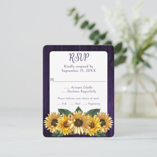 Carte de réponse de mariage Tournesol Violet Rusti (Debout devant)