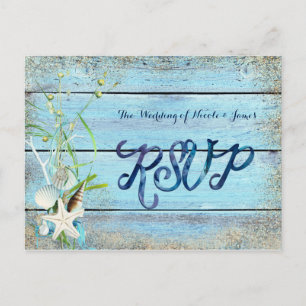 Carte de réponse de mariage tropical Blue Wood Bea