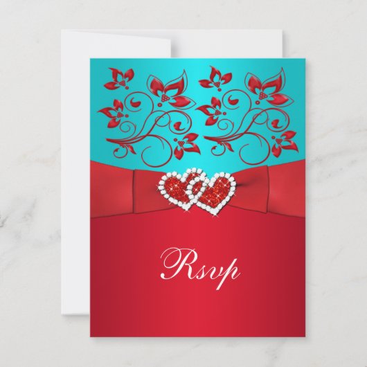 Carte de réponse de mariage, Turquoise, Fleurs rou (Devant)