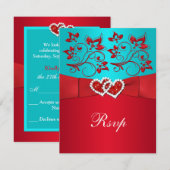 Carte de réponse de mariage, Turquoise, Fleurs rou (Devant / Derrière)
