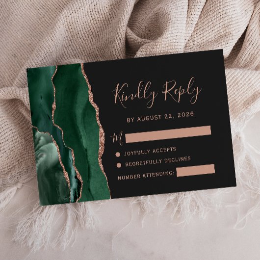 Carte de réponse de mariage vert émeraude or rose