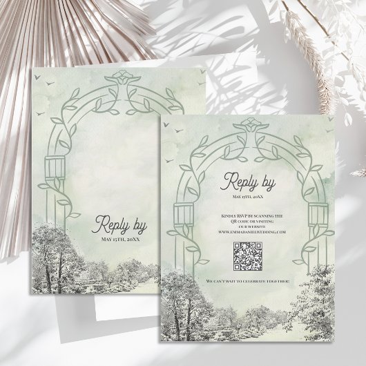 Carte de réponse de mariage vert sauge avec code Q