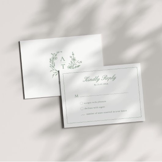 Carte de réponse de mariage vert sauge avec monogr