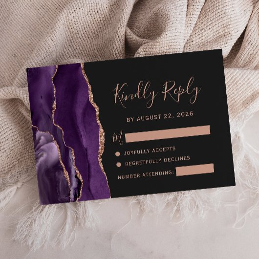 Carte de réponse de mariage violet or rose agate f