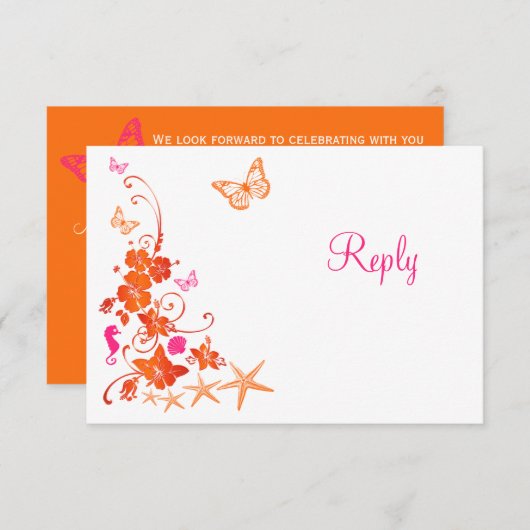 Carte de réponse de plage tropicale rose, orange,  (Devant / Derrière)
