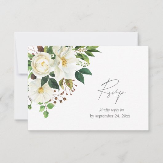 Carte de réponse de repas avec fleurs blanches et (Devant)