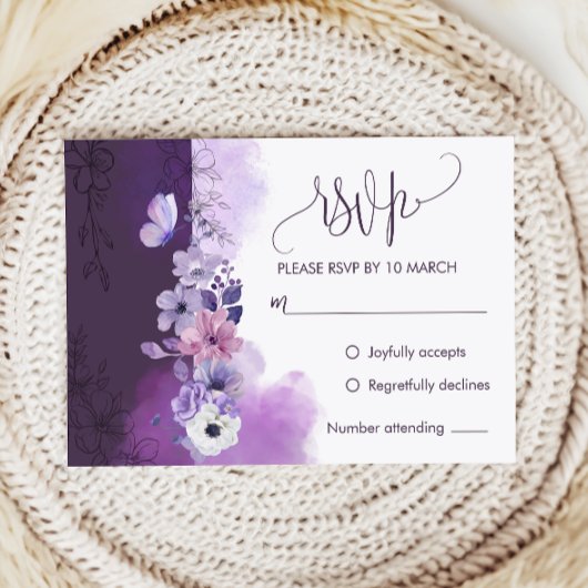 Carte de réponse de RSVP de mariage élégant violet