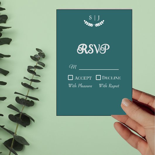 Carte de réponse de ton bijou vert avec monogramme