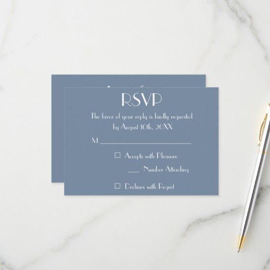 Carte de réponse d'invitation de mariage bleu pous (Devant/Arrière en situation)